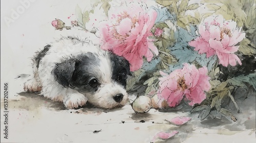 Fototapeta Naklejka Na Ścianę i Meble -  Adorable Puppy Resting Amongst Vibrant Pink Peonies