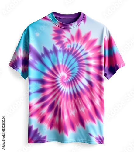 spiral tie dye pattern of pink purple and blue adorns fabric of short sleeved tee shirt