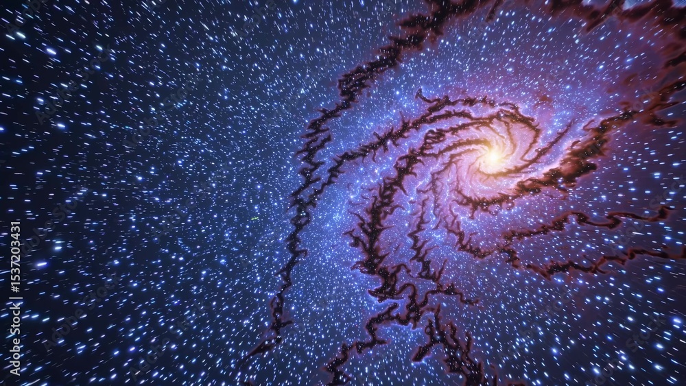 Fototapeta premium Luminous purple and orange nebula rotating clockwise, swirling through vast cosmic expanse filled with countless bright stellar points and mesmerizing galactic energy