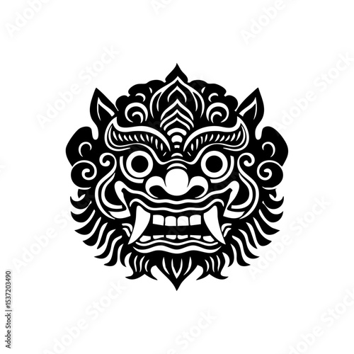 Intricate vector illustration of a traditional Balinese Barong mask, symbolizing protection and mythology.

