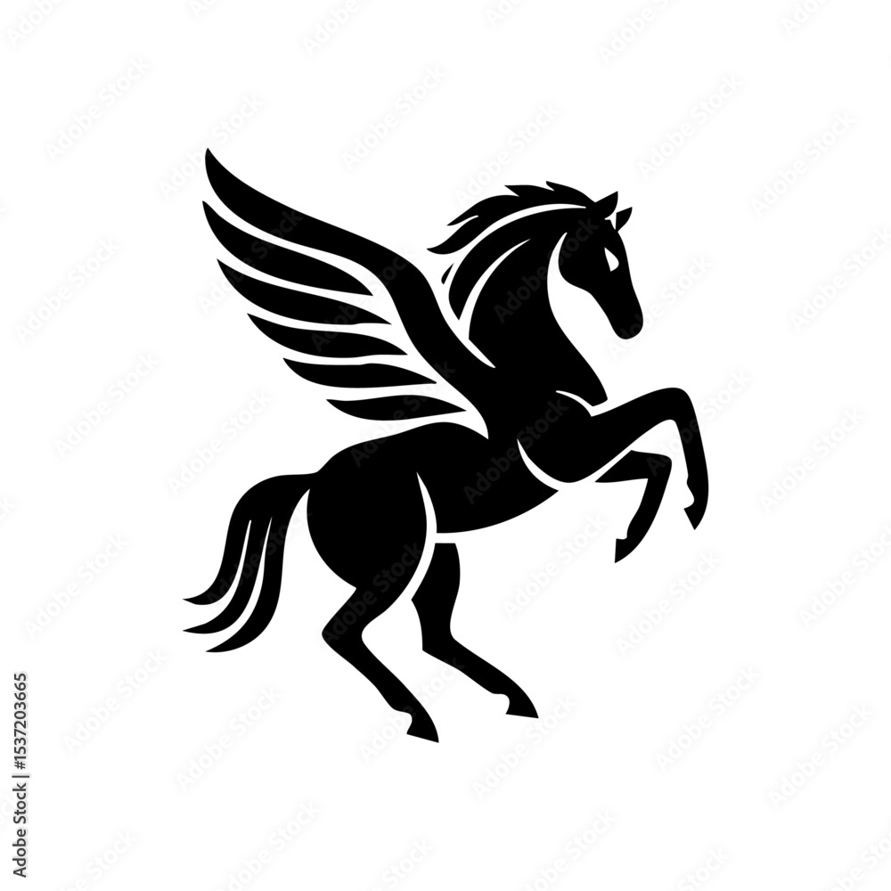 Fototapeta premium Dynamic silhouette of Pegasus rearing in flight, symbolizing freedom, mythology, and fantasy.