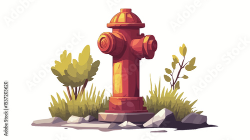 A digital painting of a red fire hydrant. The hydrant is situated on a small patch of ground surrounded by small rocks and some stylized vegetation, including grass and small bushes.