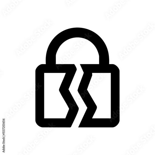 Simple vector icon of a cracked padlock symbolizing a security breach or vulnerability.

