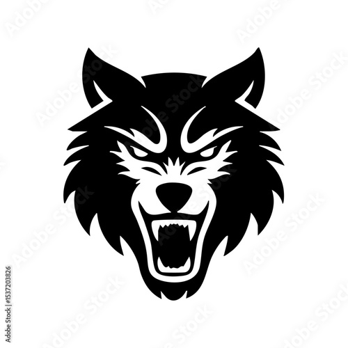 Vector logo of an aggressive werewolf face with fangs, minimalist black on white.

