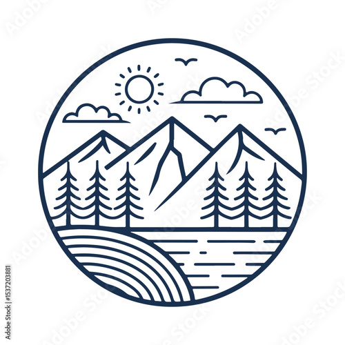 mountain with river line art logo on white background