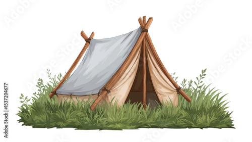 A digital painting or illustration depicts a small teepee-style tent situated in a grassy meadow against a white background. The tent is primarily beige/light brown canvas with wooden poles visible