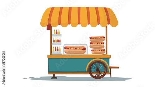 A digital illustration of a hot dog stand. The stand is depicted as a teal-colored cart with a yellow striped awning.  It features hot dogs stacked on display, bottles of condiments (likely mustard