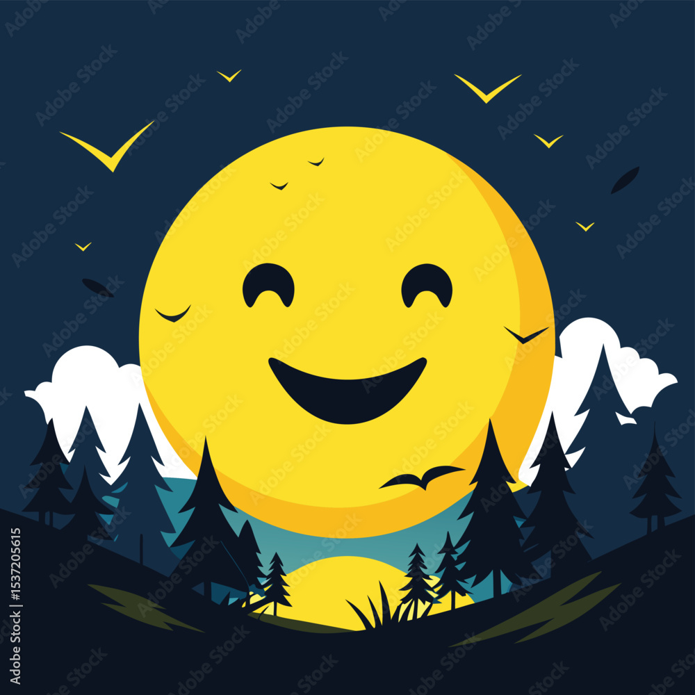 Fototapeta premium Happy Moon Cartoon in Night Forest Sky – Cute Emoji Style Illustration