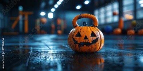 Decorative pumpkin-shaped kettlebell in a dimly lit gym during a Halloween-themed workout session