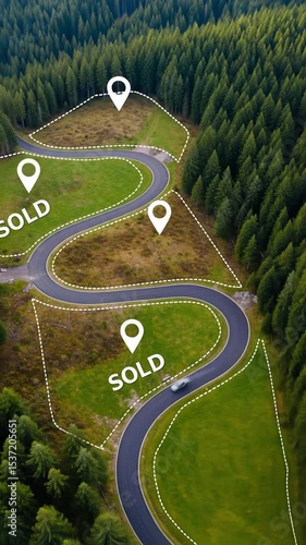 Aerial view of subdivided forest land lots with marked property lines. Some plots are labeled “SOLD,” indicating real estate availability in a natural, wooded environment