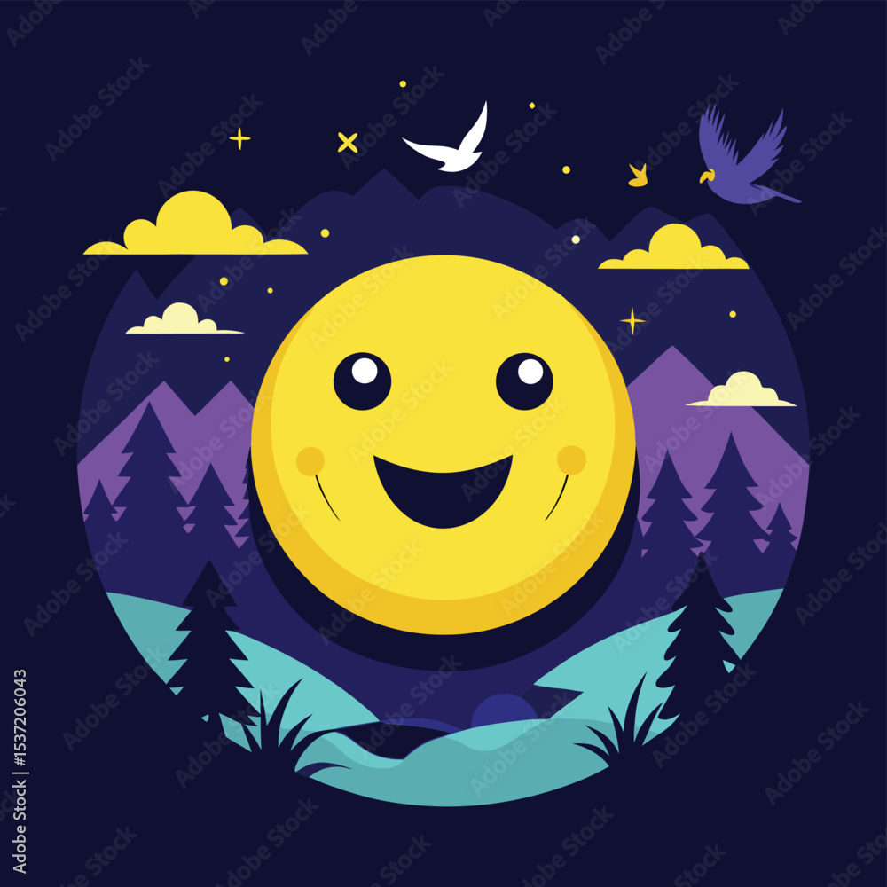 Fototapeta premium Happy Moon Cartoon in Night Forest Sky – Cute Emoji Style Illustration