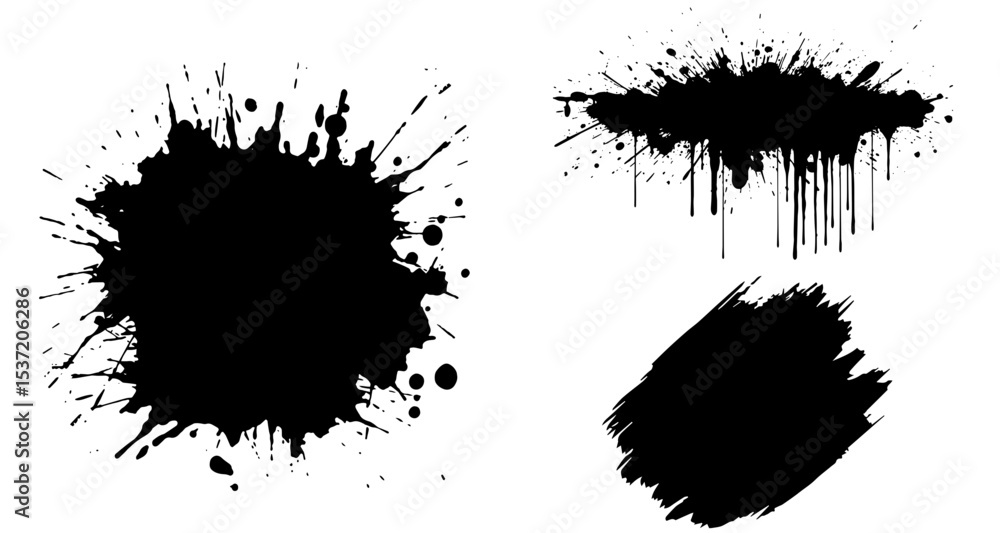 Three Distinct Black Ink Splatters, Drips, and Brush Strokes on White Background