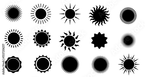 Fifteen Black Sun Silhouettes: Diverse Ray Styles on White Background