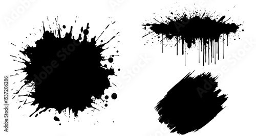 Three Distinct Black Ink Splatters, Drips, and Brush Strokes on White Background