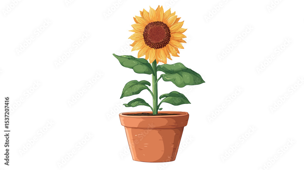 Fototapeta premium A digital illustration of a single sunflower in a terracotta pot against a white background. The sunflower is depicted in detail, showing its yellow petals, brown center, and green leaves