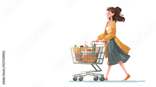 A digital illustration depicting a young woman with brown hair, wearing a yellow coat and dark skirt, pushing a shopping cart filled with various grocery items. The style is cartoonish