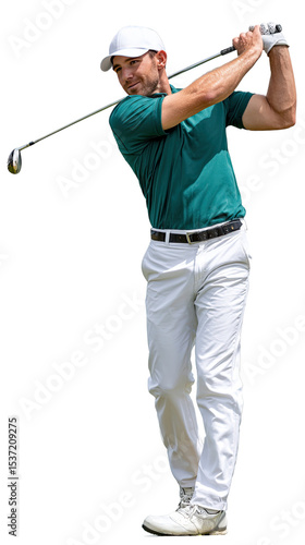 Moment of Truth: A focused golfer swings the club with precision, demonstrating the power of the swing in full motion, showcasing the elegance of the sport.