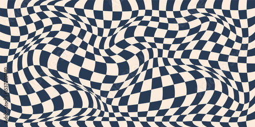 Checkered Grid with Distortion Effect. Retro Colors Background. Distorted Geometric Pattern. 