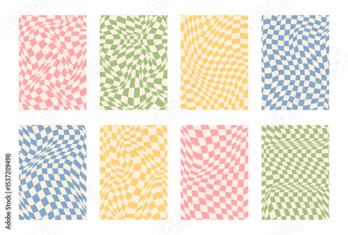 Checkered Grids with Distortion Effect Collection. Retro Colors Backgrounds Set. Distorted Geometric Pattern. 