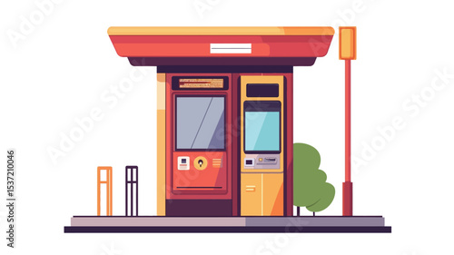 A vector illustration depicting a front view of a modern automated ticket kiosk integrated into a bus stop structure.  The kiosk is predominantly red and yellow, with a flat design style. 