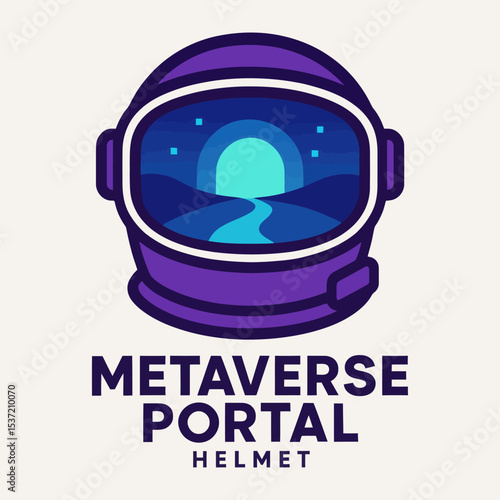 Vector illustration of metaverse portal helmet with landscape.
