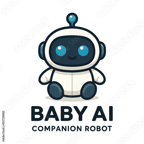 Vector illustration of cute baby AI robot sitting and smiling.