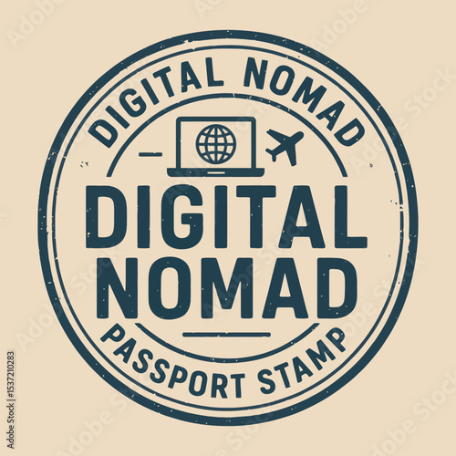Digital Nomad passport‑style stamp with laptop and plane.