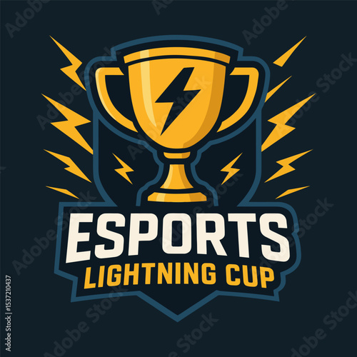 Vector esports lightning cup badge with trophy and sparks.