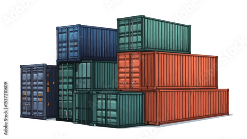 A digital rendering depicts a stack of various sized and colored shipping containers against a white background. The containers are depicted in shades of blue, teal, and orange. 