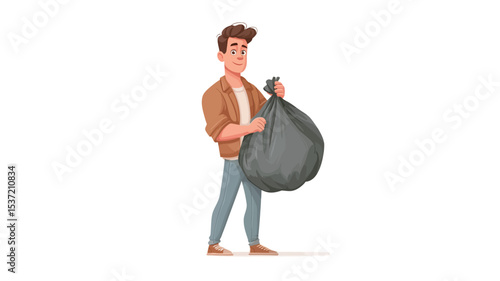 A digital illustration depicting a cartoon man with short brown hair, wearing a light orange jacket and light blue jeans, holding a large black garbage bag. The man is standing barefoot against a