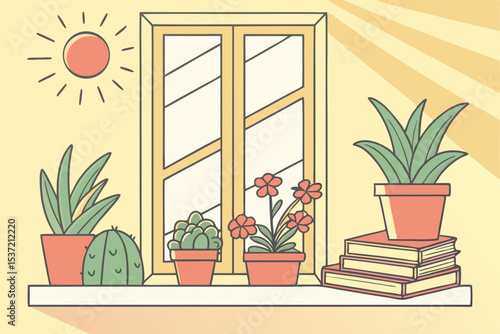 Windowsill Garden with Indoor Plants
