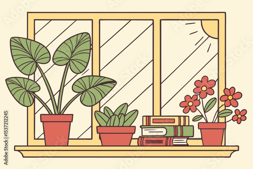Windowsill Garden with Indoor Plants

