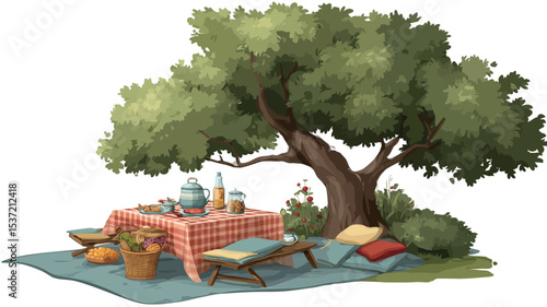 A digital painting depicts a picnic scene set under a large, leafy tree.  The picnic area includes a table covered with a red and white checkered tablecloth, with various food and drink items