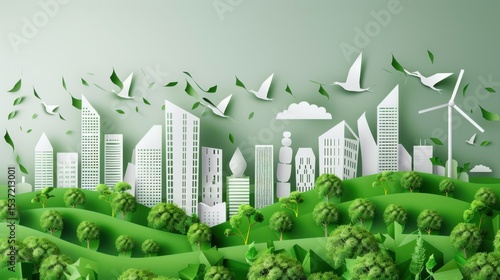 A conceptual illustration of an eco-friendly smart city with integrated green roofs and renewable energy infrastructure, symbolizing urban sustainability and technological innovation