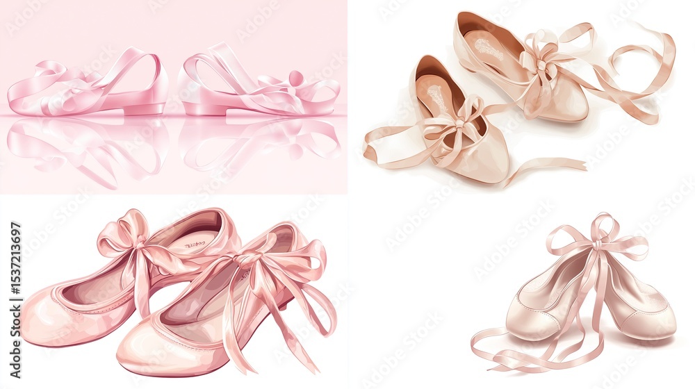 Four pairs of delicate ballet shoes, light pink and beige, with satin ribbons Four pairs of delicate ballet shoes, light pink and beige, with satin ribbons