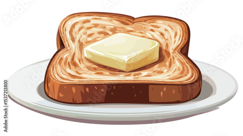 A digital illustration depicting a single slice of toasted bread with a pat of butter on top, served on a small, round white plate. The toast is light golden brown and appears slightly crisp.