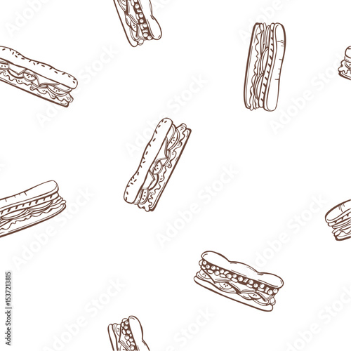 Hand-drawn baguette sandwich. Vector  seamless pattern.