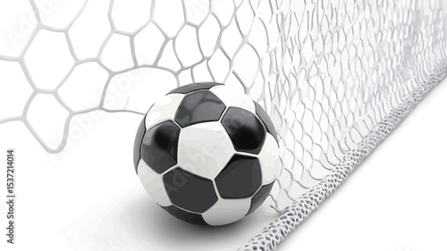 Close-up view of a classic black and white soccer ball partially nestled within a white soccer goal net. The image is sharply focused, with high contrast between the dark ball and the bright white