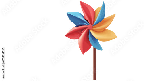 A digital illustration of a colorful paper pinwheel against a solid white background.  The pinwheel has eight blades in shades of red, blue, yellow, and orange, arranged in a radial pattern.