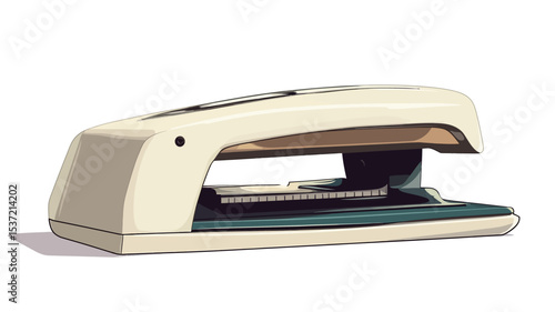 A digital illustration of a vintage, cream-colored stapler.  The stapler is depicted at a slight angle, showcasing its top and side profile. The illustration is detailed, showing the internal
