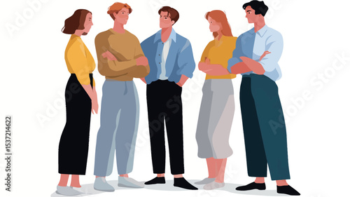 The image is a digital illustration depicting a group of five young adults—two men and three women of varying ethnicities—standing close together in an informal setting. They appear to be engaged