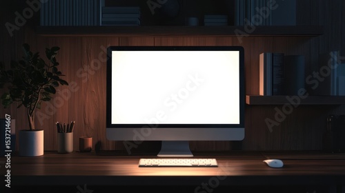 Computer on a desk, blank screen, books on shelves, moody lighting, houseplant