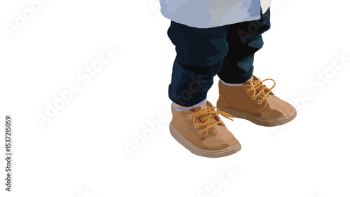 Close-up, bottom view studio shot of a toddler's feet wearing mustard yellow high-top boots with yellow laces. The boots are the focal point against a clean white background. The image is sharply