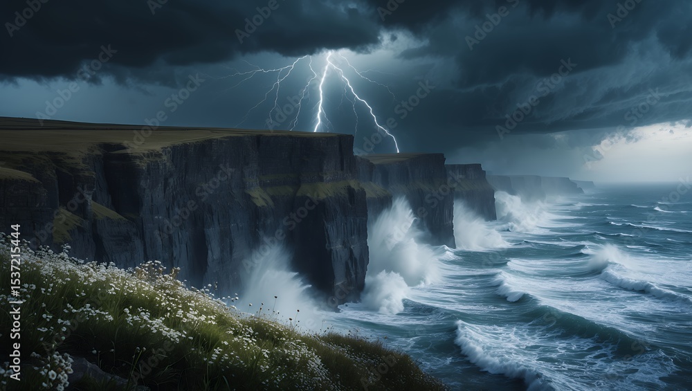 Fototapeta premium Dramatic Cliffs with Stormy Sea Lightning and Crashing Waves Scene