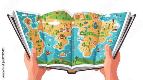 High-angle, close-up view of two hands holding an open book. The book displays a vibrant, illustrated world map with various landforms, landmarks, and icons depicted in a cartoonish style