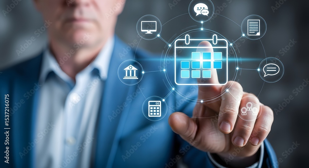 Business Person Touching Virtual Calendar for Time Management and Productivity Business Person Touching Virtual Calendar for Time Management and Productivity