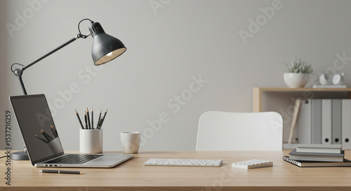 A minimalist home office with a laptop, desk lamp, and organized stationery on a wooden desk, against a plain wall and a shelf with files and a plant