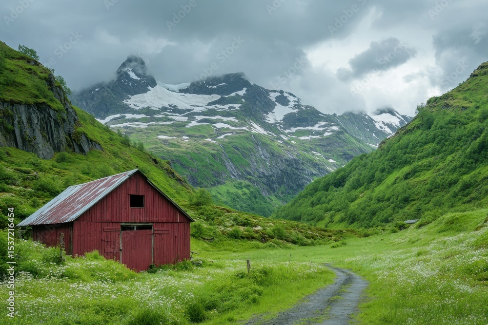 Scenic Red Barn Mountain Valley Landscape Nature Photography Norway sky path road view calm wild Scenic Red Barn Mountain Valley Landscape Nature Photography Norway sky path road view calm wild