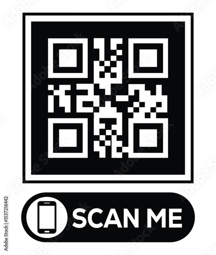 Centered black and white QR code grid on pure white background. Minimalist overhead view. Below, a centered "SCAN ME" button with smartphone icon. Clean, functional design for easy scanning.