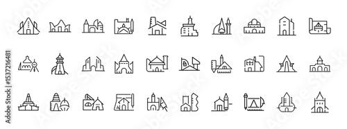 Set of Church and Religious Building Icons – Collection of Cathedrals, Chapels, and Worship Places Symbols